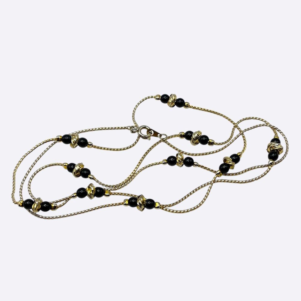 Vintage Station Necklace Gold Tone Knots Black Bead Single Strand Classic 30"